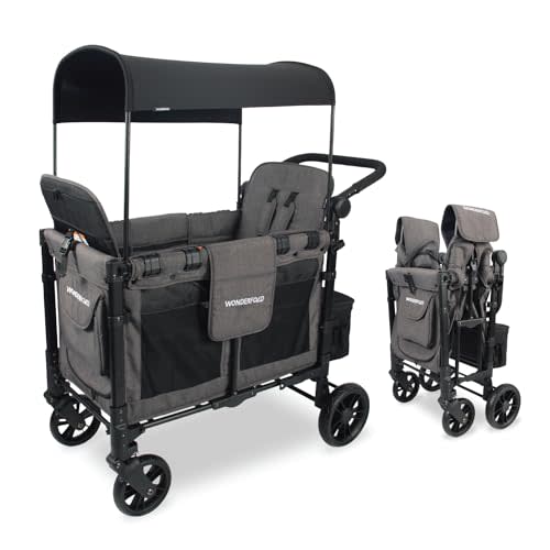 WonderFold W2 Elite Stroller Wagon - Foldable Wagon with Steel Frame - Adjustable Canopy & Push Handle - All-Terrain Wheels - for Babies, Toddlers & Kids - 2 Seater - Gray