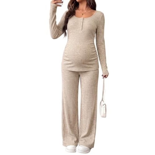 BLENCOT Maternity Clothes Ribbed Long Sleeve Sets Button 2 Piece Outfits | Fall Casual Comfy Knit Pajamas, Pregnancy Loungewear Matching Set With Pocketss, Office Work Nursing Postpartum