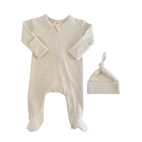 Sage Pencil Stripe / Organic 2-Way Zip Footie & Beanie Set