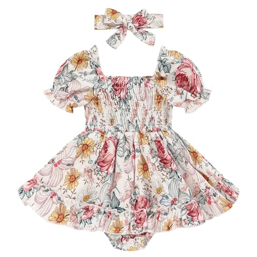 GRNSHTS Baby Girl Romper Dress, Puff Sleeve Smocked Outfit with Headband for Infants Soft Cotton Photo Shoot