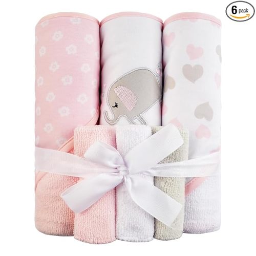 Viviland Baby Towels and Baby Wash Cloths Set Hooded Baby Towels Baby Wipes Absorbent Bath Face Towels Burp Cloths or Face Towels for Girl Boy 6-Pack Size 28 x 28 Inch(Elephant)