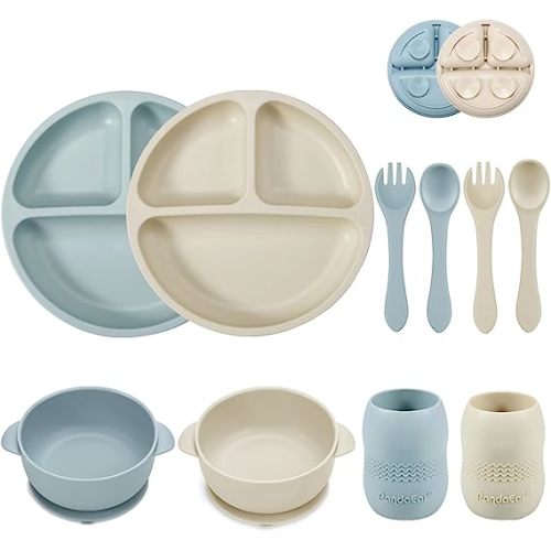 PandaEar Silicone Baby Feeding Set| 2 Divided Suction Plate + 2 Suction Bowl + 2 Tiny Cup with 2 Spoons| Baby Led Weaning Supplies Self Feeding Utensils (Blue White)