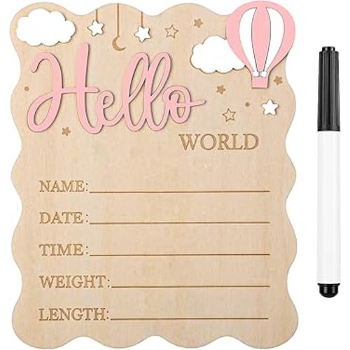 Baby Announcement Sign,Wooden Hello World Newborn Signs Birth Announcement Sign and Pen for Baby Shower Hospital Nursery Newborn Boys and Girls (Pink)