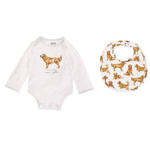 Mud Pie Dog Print Baby Crawler Bib Gift, Golden Retriever, 0-6 Month