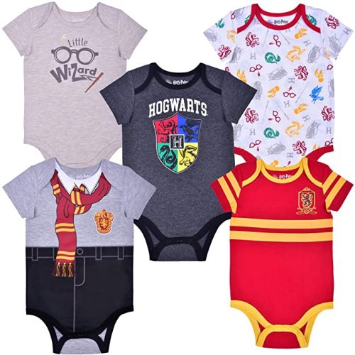 Warner Bros Harry Potter Boy's 5-Pack Hogwarts, Gryffindor and Wizard Creepers - Gray - 6 Months