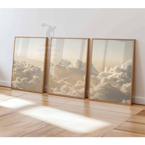 Beige Clouds Bedroom Wall Art Set of 3 Prints, White Clouds Beige Sky Posters, Vintage Home Decor, Set of 3 Large Poster Art, Bedroom Decor