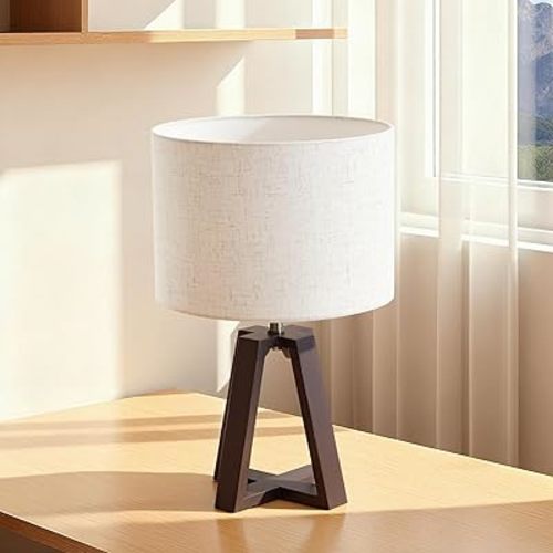 Dimmable Bamboo Table Lamp, Farmhouse Bedside Lamp with Linen Shade, Mid Century Modern Nightstand Light for Bedroom Living Room Office