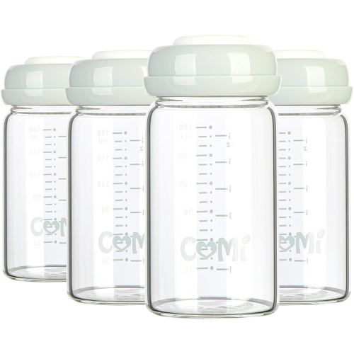 COMI Wide Neck Glass Breastmilk Collection n Storage Bottle, 4 Packs, 6oz with Screw Ring Sealing Disk; Re-markable Sealing Disc. BPA Free, Fits Breast Pumps & Nipples (4 Gray Lids)