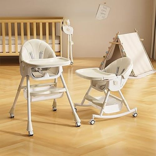 Baby High Chair 4 in 1 Folding Recline Feeding Seat Height Adjustable Child Feeding Chair with Removable Plate Graffiti (White)