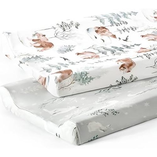GRSSDER Stretch Ultra Soft Jersey Knit Changing Pad Cover Set 2 Pack, Change Table Pad Covers Fit 32"/34" x 16" Pads Safe and Snug, Pretty Pattern for Boys and Girls, Bear and Wolf Print