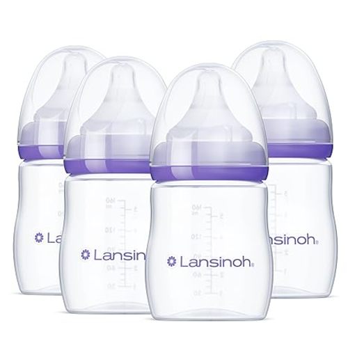 Lansinoh Anti-Colic Baby Bottles for Breastfeeding Babies, 5 Ounces, 4 Count, Includes 4 Extra Slow Flow Nipples, Size XS