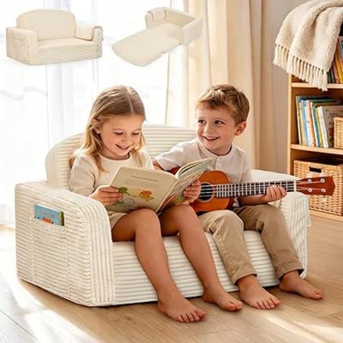 Extra Wide 2-in-1 Convertible Kids Couch | Large Corduroy Toddler Sofa Chair with Storage Pocket & Blanket | Foldable Foam Play Couch| Machine Washable Cover, Non-Toxic, for Boys & Girls, Cream