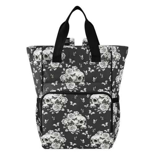 MNSRUU Diaper Bag Goth Skull Butterdlies Diaper Bag Backpack Multifunction Travel Diaper Bag Tote Large Capacity Diaper Changing Backpacks for Moms Dads