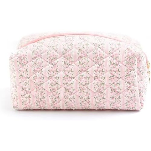 Floral Makeup Bag, Cute Quilted Makeup Toiletry Bag, Zipper Cosmetic Pouch, Daily Travel Use Skincare Bag, Multipurpose Organizer Bag (Blossom Blush Pink)