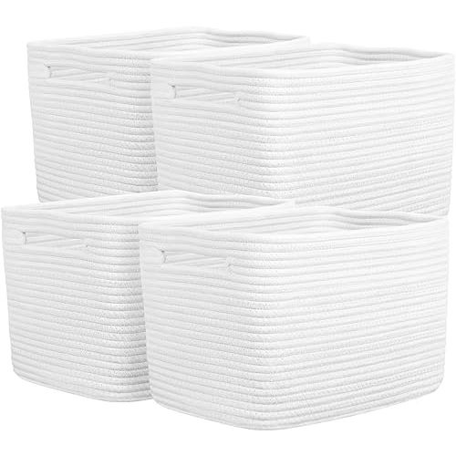 Storage Baskets for Organizing, 14 x 10 x 9” Closet Shelf Woven Baskets, Square Bins with Handles, Cotton Rope Basket for Clothes, Office, Room, White 4 Pack