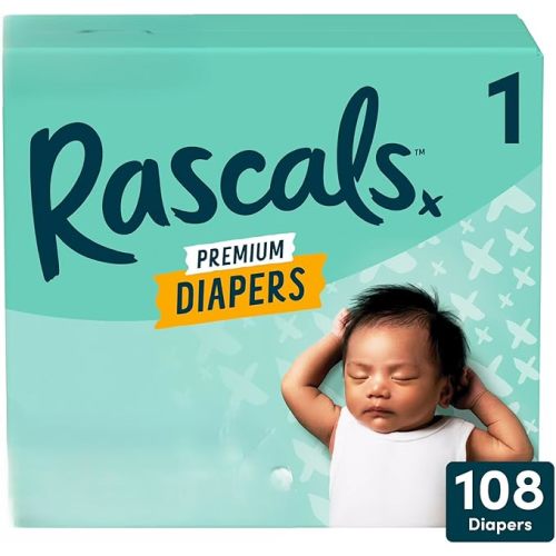 Rascals Premium Absorbent Baby Diapers with Deep Pocket and Triple Leak Guards for Blowout Protection (1-108ct)