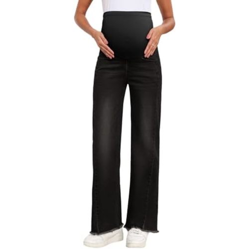 BLENCOT Maternity Jeans for Women Straight Leg Stretchy Denim Ripped Pregnancy Boyfriend Jean