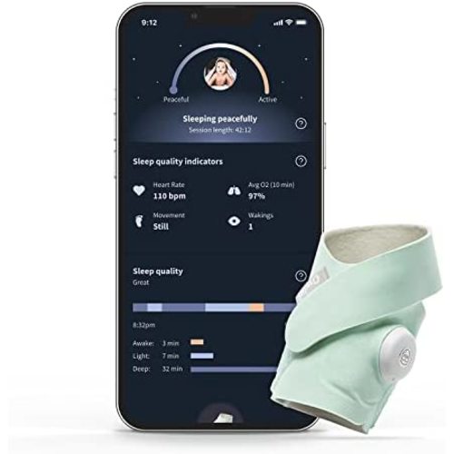 Owlet Dream Sock - Mint - Smart Baby Monitor View Heart Rate and Average Oxygen O2 as Sleep Quality Indicators. Wakings, Movement, and Sleep State. Digital Sleep Coach and Sleep Assist Prompts