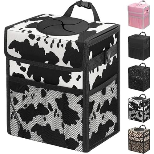 Capolo Car Trash Can with Lid, Leakproof Car Trash Bag Hanging Waterproof Automotive Garbage Can with Storage Pockets Mini Vehicle Trash Bin for Back/Front Seat(Cow Print,2.5 Gallon)