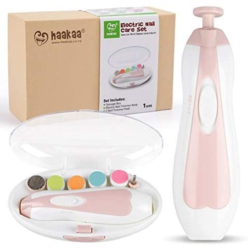 Haakaa Baby Nail Trimmer Electric Safe Baby Nail Clippers Baby Nail File Kit Manicure Set, Trim Polish Grooming kit for Newborn Toddler or Adults Toes Fingernails, 6 Grinding Heads and LED Light, Pink