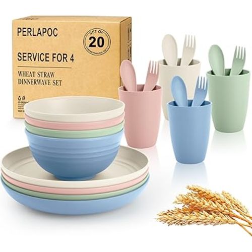 Wheat Straw Dinnerware Sets 20 PCS Service for 4, Unbreakable Kitchen Plates and Bowls Sets, Microwave Dishwasher Safe Dish Set, Outdoor Camping, RV, Apartment Essentials - Colorful