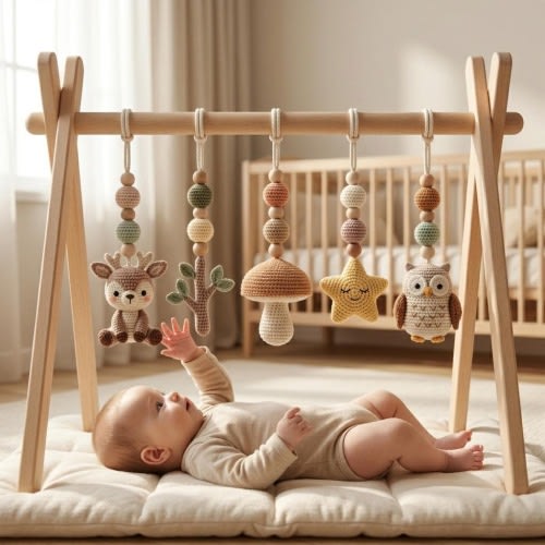 Woodland Baby Gym Toys, Crochet Deer Owl Forest Play Gym, Montessori Baby Activity Gym, Neutral Nursery Decor, Handmade Crochet Baby Gift