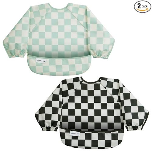 Tiny Twinkle Long Sleeve Bib for Babies & Toddlers | 2-Pack Waterproof Smock Bib for Eating | Machine Washable & Mess-Proof Feeding Essentials | Newborn Shower Gift (Black,Sage Checkers, 6-24M)