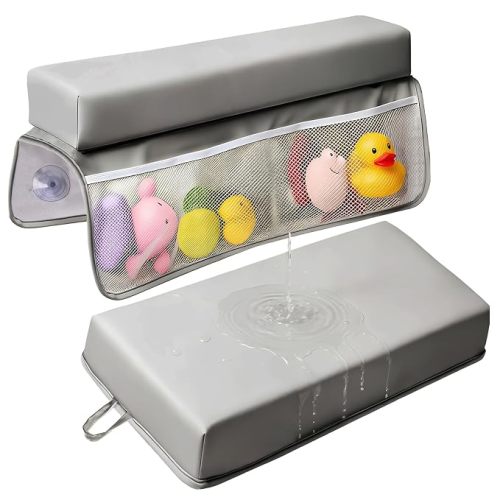 Baby Waterproof Vegan Leather Bath Kneeler and Elbow Rest Pad Set | Thickened Non-Slip Memory Foam Knee & Arm Support Bathtub Mat with Toy Organizer for Infant Toddler Bathing