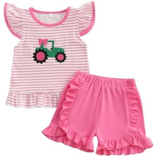 Toddler Baby Girl Farm Outfit Tractor Embroidery Stripe Flutter Sleeve Shirt Tops Ruffle Shorts Set Summer Clothes