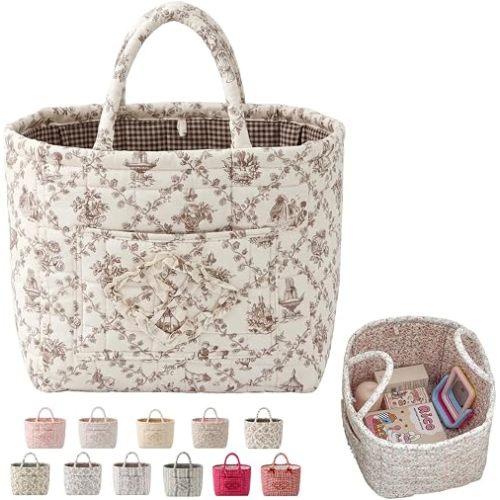 Women's Large Capacity Quilted Car Storage Basket Tote Bag Foldable Washable Multifunctional Diaper Organizer for Moms Daily Use，vine coffee