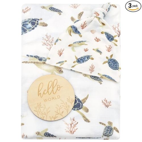 LifeTree Muslin Swaddle Blankets, Muslin Baby Boy Swaddle Blanket and Hat Set with Birth Announcement Card, Newborn Unisex Neutral Receiving Blankets Sea Turtle Pattern