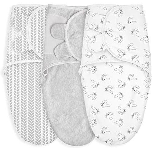 GLLQUEN BABY Paquete de 3 mantas para recién nacido, para bebés de 0 a 3 meses, para bebés niños y niñas, saco de dormir ajustable para recién nacidos, rayas y conejitos, mantas para envolver