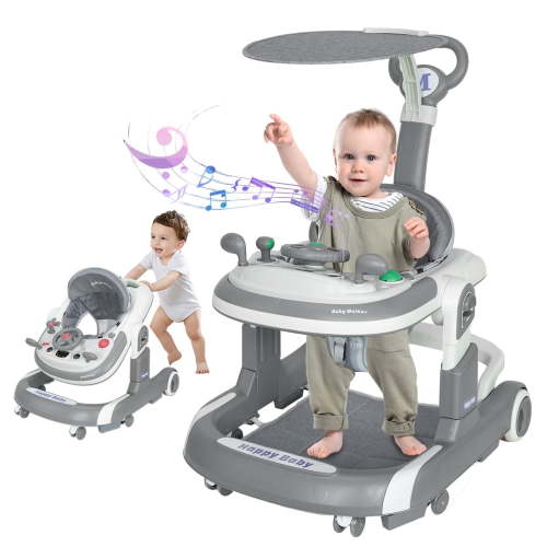 HAOUUCYIN 5-in-1 Baby Walker with Foot Pads/Handles for Girls Boys, Gray