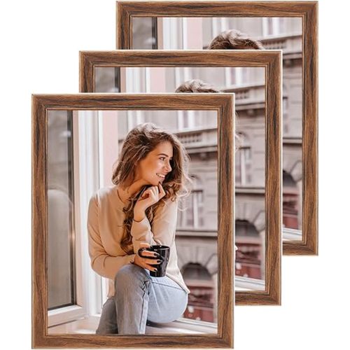 3 Pack 11x14 Wood Picture Frame Brown, Rustic Natural 14x11in frame Woodgrain, Distressed Brown 11 x 14 in Wall Photo Poster Frame with HD Plexiglass, Horizontal Vertical Wall Mounting Set of 3