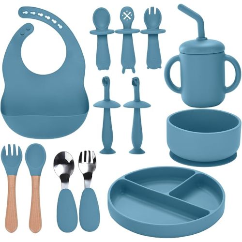 Silicone Feeding Set, 13PCS Baby Feeding Essentials with Suction Bowl & Plate, Spoons & Forks, Bib & Cup, Toothbrush, Baby Led Weaning Supplies for 6+ Months, Eating Essentials (Blue)