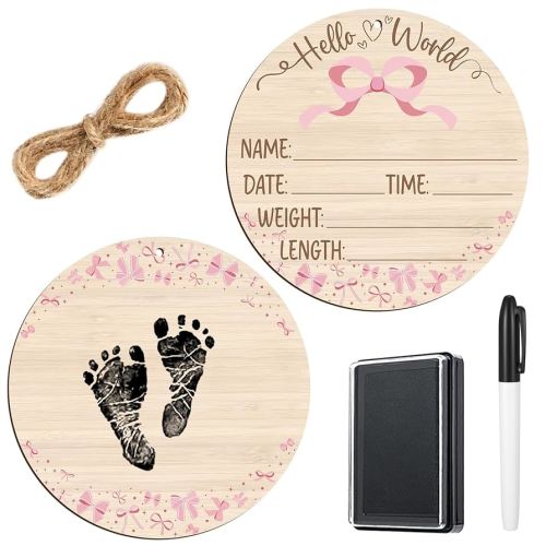 Thyle Baby Announcement Wooden Name Sign for Hospital Birth Double Sided Newborn Welcome Sign with Marker Pen and Ink Pad for Baby Shower Hand Footprints (Pink Bow)
