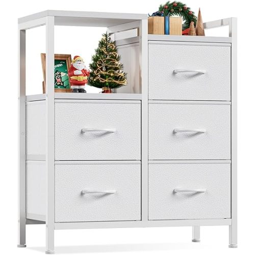 Furnulem 5 Drawer White Dressers for Bedroom 2 Tier Shelf Storage Small Fabric Dresser for Closet Sturdy Metal Frame Modern Style Storage Cabinets Organization Units for Hallway Rooms