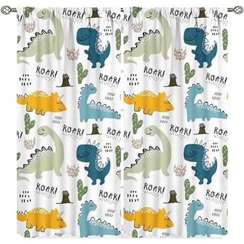 Kids Dinosaur Curtains for Boys Cute Cartoon Dino Toddler Room Decor Nursery Colorful Safari Funny Animal Printed Bedroom Living Room Window Drapes Panels 52Wx84L in Blackout