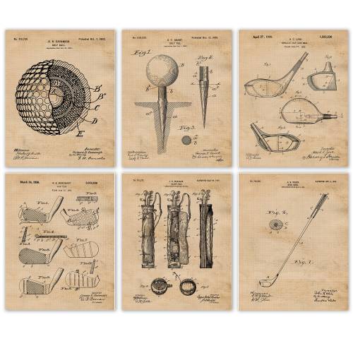 Vintage Golf Patent Prints, 6 Unframed Photos, Wall Art Decor Gifts for Home Office PGA Game Gym Garage Student Teacher Coach Sports Masters