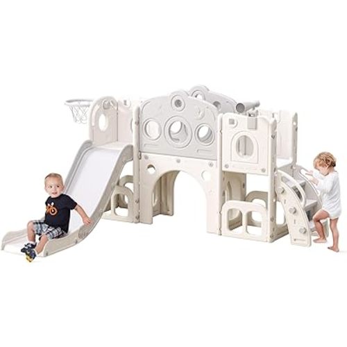 8 in 1 Toddler Slide, Outdoor Indoor Playset for Kids Baby Age 1-3, Childs Climber Slide with Storage Space and Non-Slip Steps, Basketball Hoopa and Telescope, Grey & White