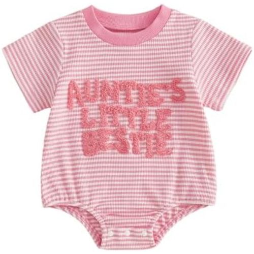 Aunties Little Bestie Baby Outfit Newborn Girl Summer Clothes Short Sleeve Letter Bodysuit Waffle Striped Romper