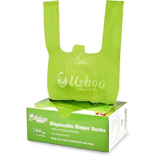Baby Disposable Diaper Bags, 300 Count Oxo-Biodegradable Diaper Sacks, Easy-Tie Handles, Diaper Disposal or Pet Waste Bags, Unscented Green