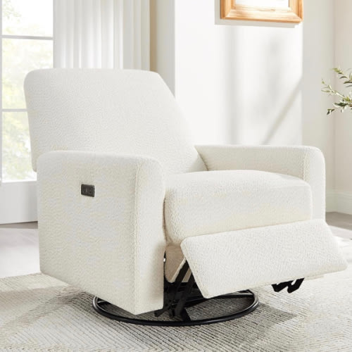 VANOMi Power Swivel Glider Recliner Chair, Electric Nursery Rocker Recliner Chair, USB & Type-C Charger, Boucle White