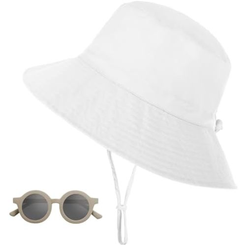 Baby Sun Hat with Sunglasses, UPF 50+ Wide Brim Kids Bucket Hat with Neck Protection, Adjustable Beach Hats for Boys & Girls