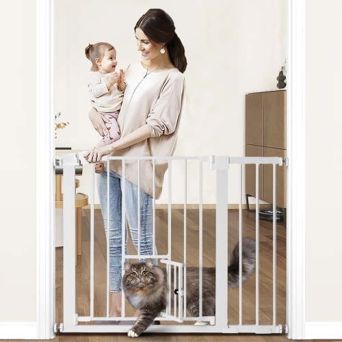 Baby Safety Gate, Caveen 29.5''-40.5''Wide Pet Safety Gate with Cat Door, White