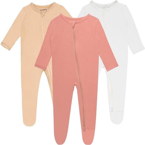 Bamboo Baby Footed Pajamas with Mittens for Girls Boys, 2 Way Zipper Long Sleeve Sleepers 3-pack