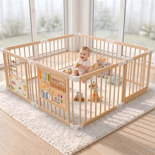 suihuooo Foldable Wooden Baby Playpen Playard, Wooden Foldable Baby Play Yard for Toddlers,Portable Foldable Playpen,63"x63"x24"