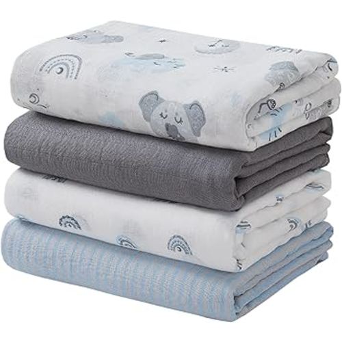 Viviland Muslin Swaddle Blankets, Swaddle Wrap for Boys and Girls, Breathable and Skin-Friendly Baby Receiving Blankets, Baby Essentials, 4-Pack Blue Elephant, 47 x 47 inches