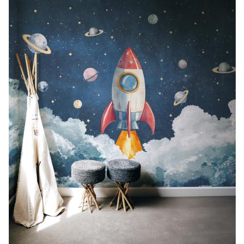 Kids Cosmic Adventure Wallpaper | Nursery Rocket Ship Wall Mural