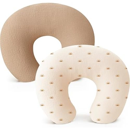Konssy 2-Pack Muslin Nursing Pillow Covers, Soft & Adorable Nursing Covers for Breastfeeding Pillows, Slipcovers for Newborn Boys & Girls(Brown,Sun)